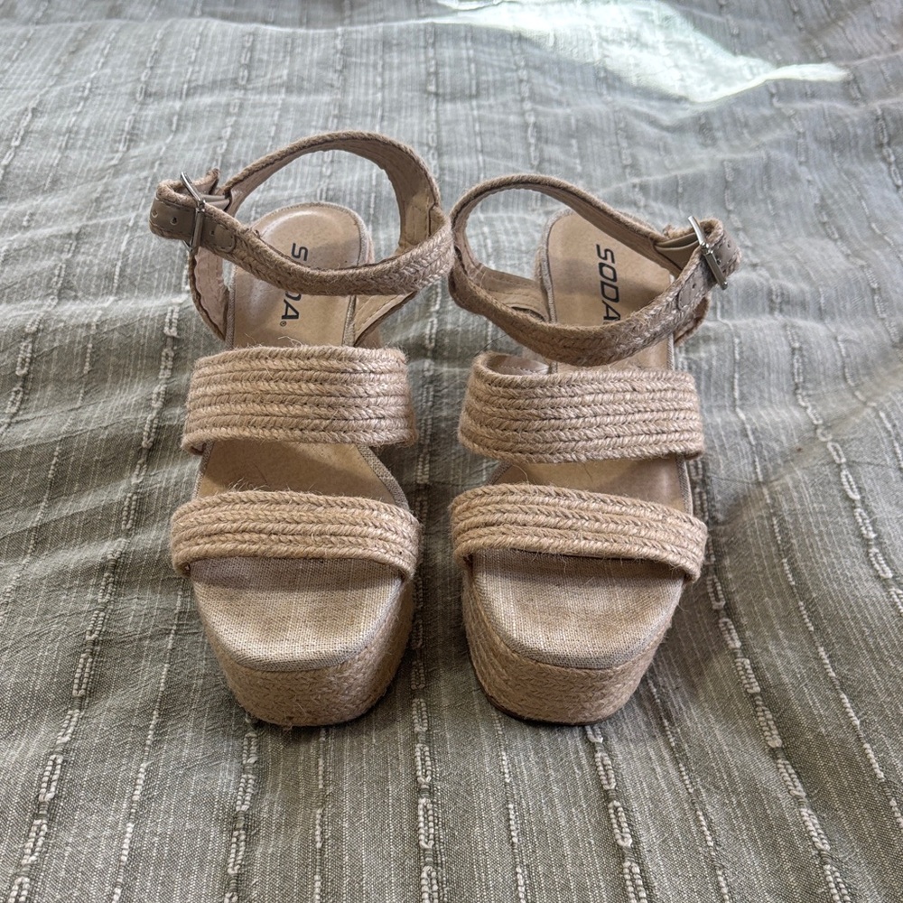 Soda Beige/Tan Braided Espadrille Platform Sandals with Ankle Buckle